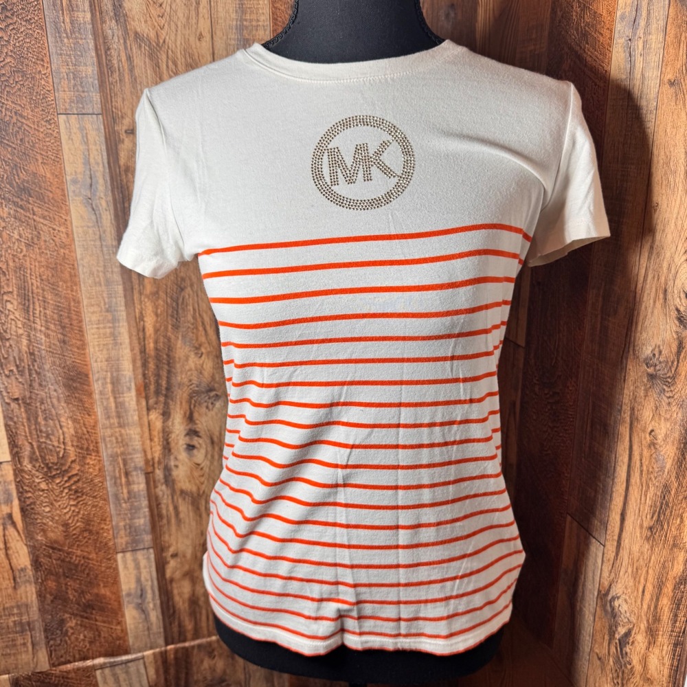 Michael Kors Womens XS T-Shirt Orange Striped Embellished Logo Tee